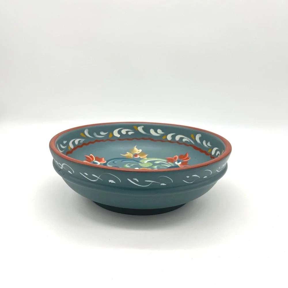 Vintage Rosemaling Hand Painted Wooden Bowl Teal Blue Scandinavian‎ Folk Art 8in